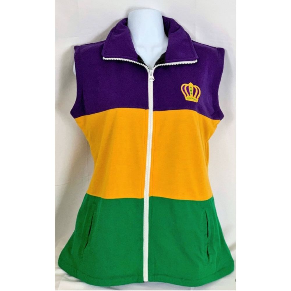 Purple, Green and Gold Color Block Faux Fur Lined Mardi Gras Vest with Pockets - Picture 2 of 5
